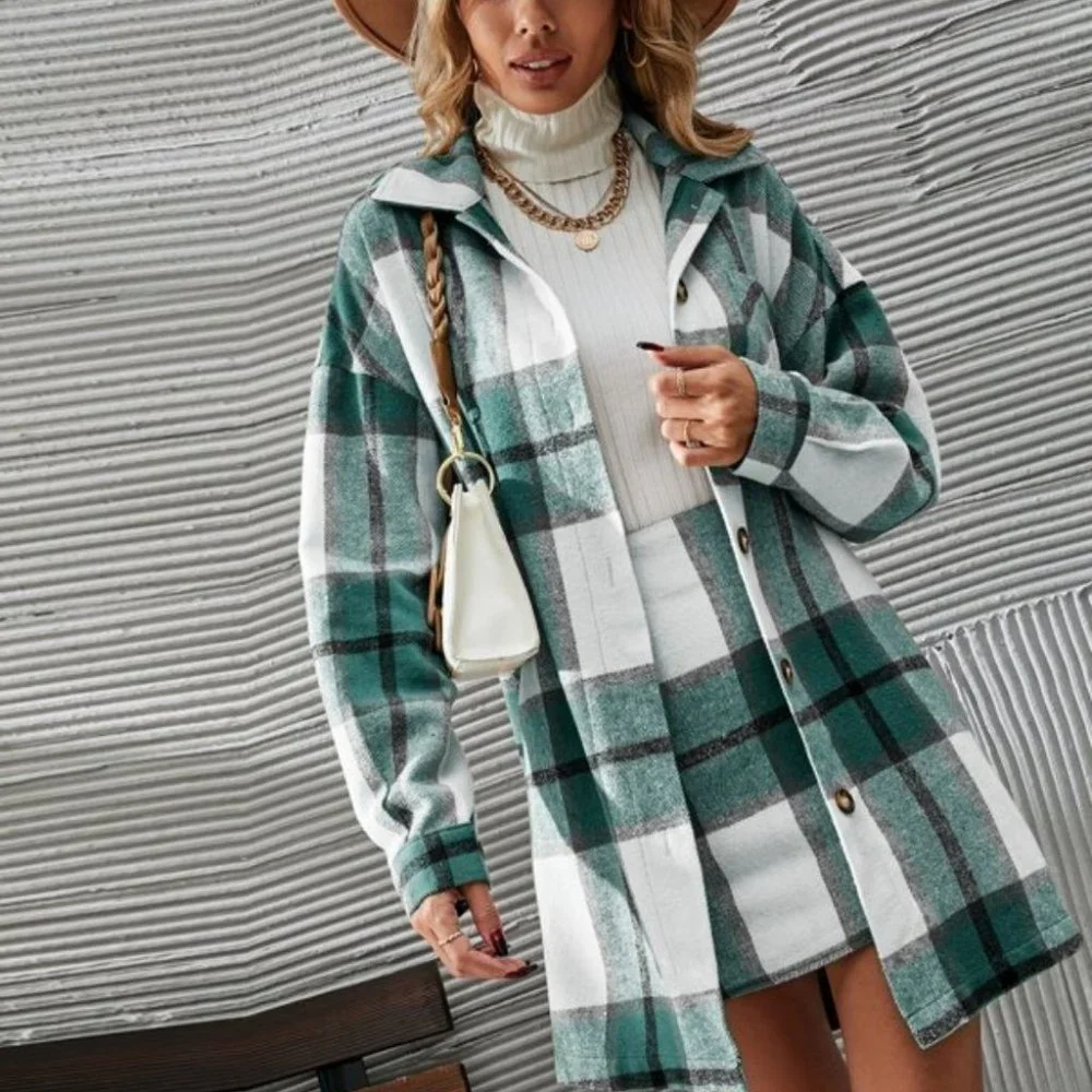 2 piece set Plaid Print Button Front Overcoat & Skirt - Picture 3 of 7